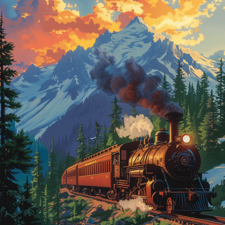 train drawing through the mountains